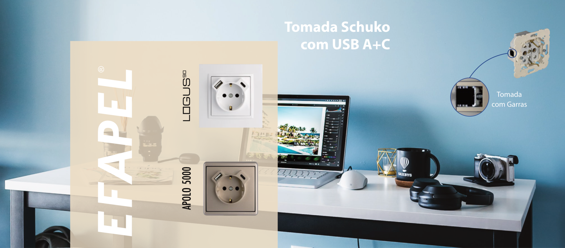 Tomada Efapel Schuko com ligações USB A e USB C